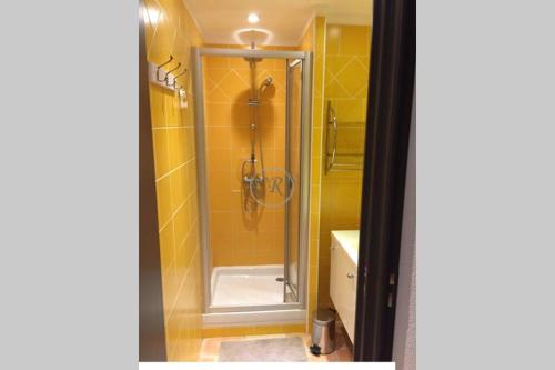 une salle de bain avec douche et lavabo dans l'établissement T3 de standing avec grande terrasse vue colline, à Bormes-les-Mimosas