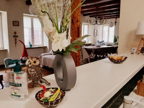 a vase with flowers sitting on a kitchen counter at N¨°1 SCHONGAUER GITE DE CHARME CENTRE TOURISTIQUE COLMAR in Colmar