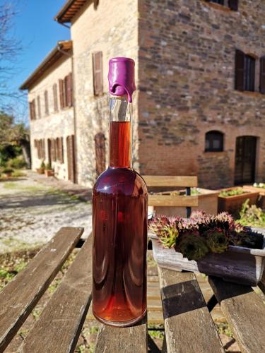 a bottle of wine sitting on top of a wooden table at Da Foschetta in Matelica