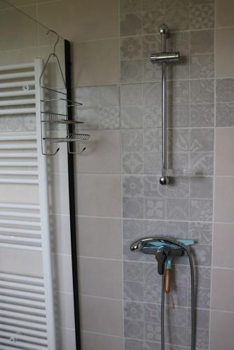 une douche dans une salle de bain avec une pomme de douche dans l'établissement LES SALINES 47A Gîte touristique 3 étoiles, à Bricqueville-sur-Mer