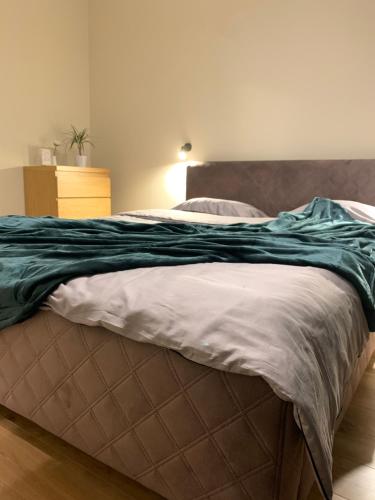 Una cama con una manta verde encima. en Staadioni apartment en Tartu