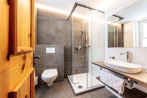 a bathroom with a shower and a sink and a toilet at Hotel Filli in Scuol