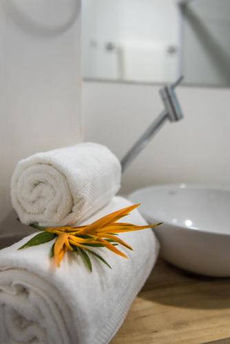 a towel with a flower on top of a bathroom at Villa Noronha Hostel e Suites in Fernando de Noronha