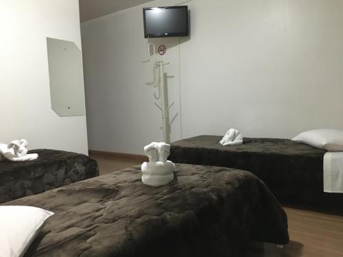 a room with two beds and a tv on the wall at Hotel Fontana in Tapejara