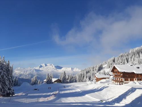 a cabin in the snow with mountains in the background at La Belle Etoile in Manigod