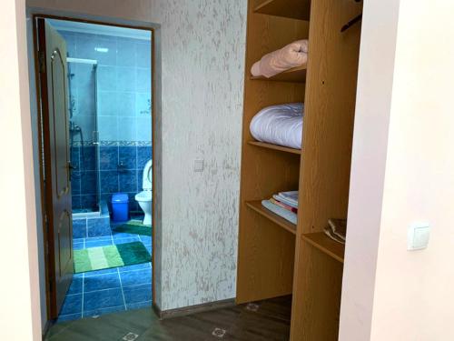 uma casa de banho com um espelho, um chuveiro e um WC. em Зелений Дім - ViriDi House em Morshin