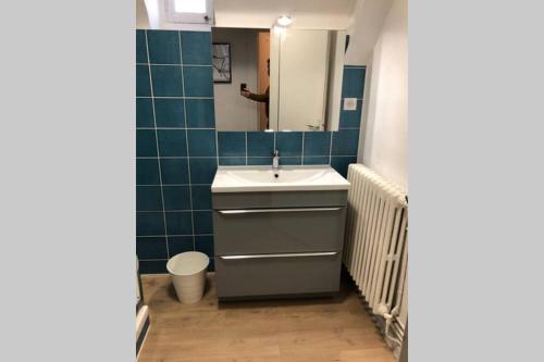 une salle de bain avec un lavabo et un miroir dans l'établissement Appartement Caen Hyper Centre, à Caen