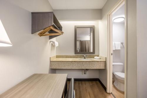 a bathroom with a sink and a toilet at Red Roof Inn Lansing West - MSU in Lansing