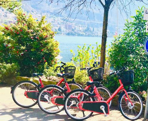 three bikes parked next to each other near the water at Fabulous Lakeside Family Apartment | 4 Rooms in Montreux
