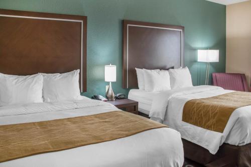 Habitación de hotel con 2 camas y 2 lámparas en Comfort Inn & Suites San Marcos, en San Marcos