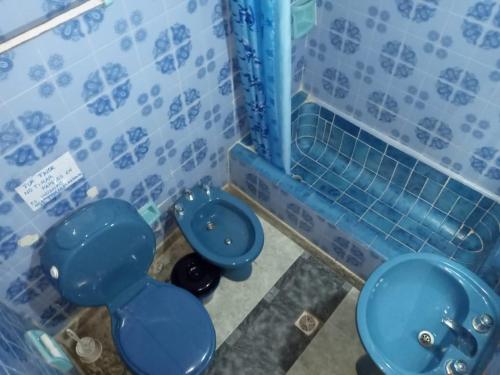 Baño con 2 aseos azules y espejo en Departamentos Mis Viejos Queridos en Salta