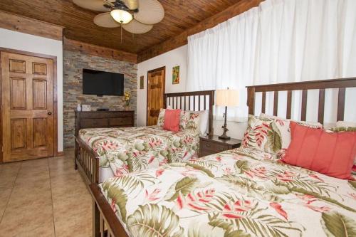 a bedroom with two beds and a flat screen tv at Hawaiian King in Honolulu
