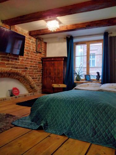 a bedroom with a large bed and a fireplace at Old Town Mostowa - I piętro - Apartament lub pokój in Toruń