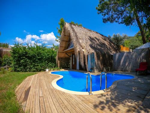 Cette cabane au toit de chaume dispose d'une piscine dans la cour. dans l'établissement Nautical Hotel, à Faralya