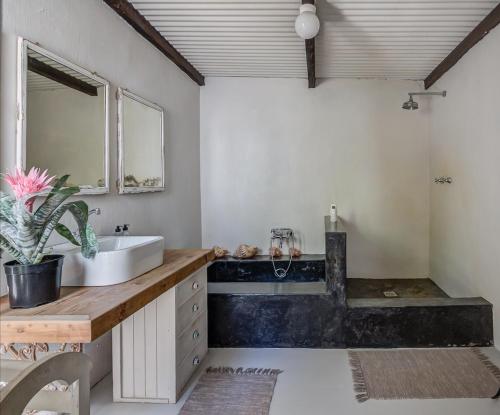 a bathroom with a sink and a mirror at De Kale Kat in Greyton