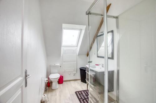 a bathroom with a sink and a toilet and a mirror at Maison charmante à Saint-Marcouf avec jardin. in Saint-Marcouf