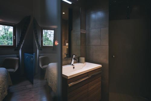 a bathroom with a sink and a mirror at AUBERGE FRANKENBOURG in La Vancelle