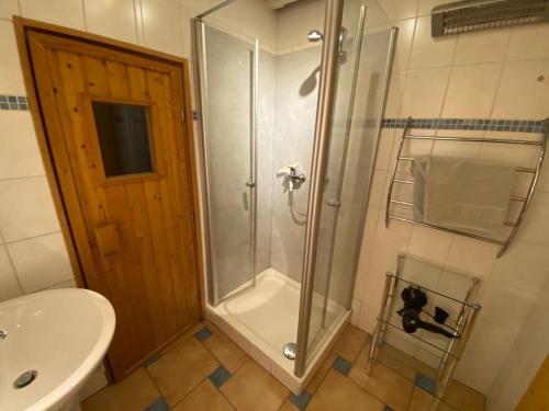 a bathroom with a shower and a toilet and a sink at Ferienhaus Jüngling in Wimbach