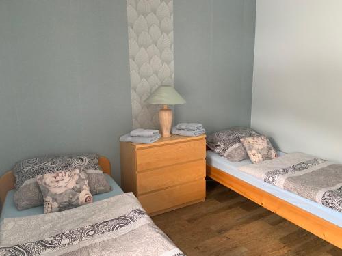 2 camas individuales en una habitación con una lámpara en un tocador en Apartmán Jáchymov, en Jáchymov