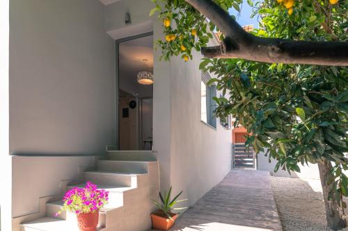 uma casa com algumas flores nas escadas em Ithaka Zante City Villa em Zakynthos