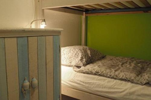 een stapelbed in een slaapkamer met een groene muur bij Vakantiehuisje Makkum NL - S15 in Makkum