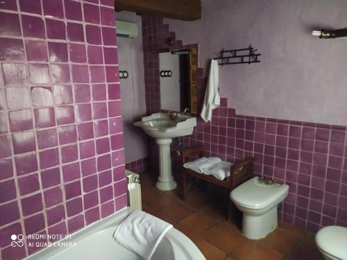 Baño púrpura con lavabo y aseo en la felicidad de la tierra, en Torija