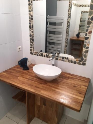 une salle de bain avec un lavabo blanc et un miroir dans l'établissement Domaine de Praline maison de Fouesnant, à Fouesnant