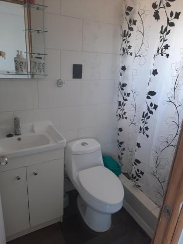 uma casa de banho com um WC, um lavatório e uma cortina de chuveiro em CASA BLANCA SPA em Puchuncaví