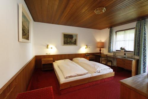 um quarto com uma cama, uma secretária e uma janela em Hotel Neumayr em Munique