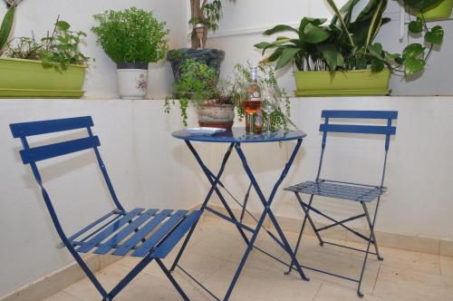 two blue chairs and a table with plants at Private Apartment in Pembroke St Julians in Pembroke 