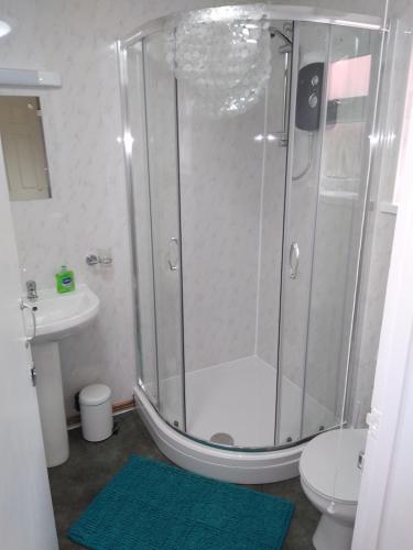 a bathroom with a shower and a toilet and a sink at Flat by the sea in Paignton