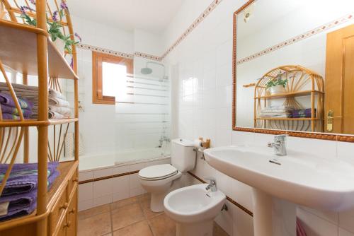 ein Badezimmer mit einem Waschbecken, einem WC und einem Spiegel in der Unterkunft Villa Sonada Busot private pool in Busot