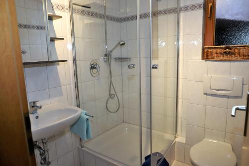 a bathroom with a shower and a sink at Gästehaus Willaringen in Rickenbach