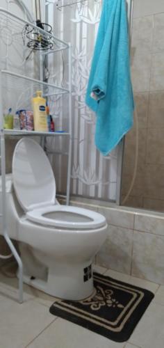 a bathroom with a toilet and a blue towel at Villa S Siro in Playas