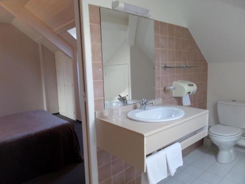 een badkamer met een wastafel, een toilet en een spiegel bij Hôtel le bastide in Nasbinals