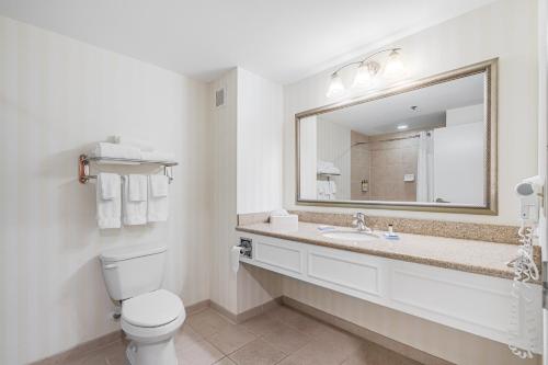 uma casa de banho com um WC, um lavatório e um espelho. em The Inn at Long Beach em Long Beach
