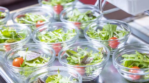 a group of plastic cups filled with lettuce and tomatoes at Natural Hot Spring Shoun no Yu Dormy Inn Kofu Marunouchi in Kofu