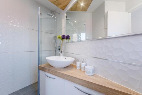 a bathroom with a sink and a glass shower at Villa Stone Pearl in Sutivan