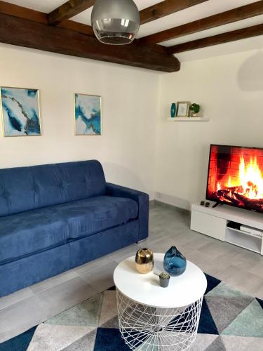 un salon avec un canapé bleu et une télévision dans l'établissement Appartement les Bleuets - Centre ville de Saumur, à Saumur