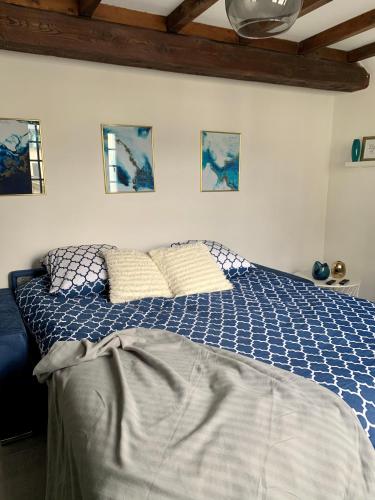 une chambre avec un lit avec des draps bleus et blancs dans l'établissement Appartement les Bleuets - Centre ville de Saumur, à Saumur
