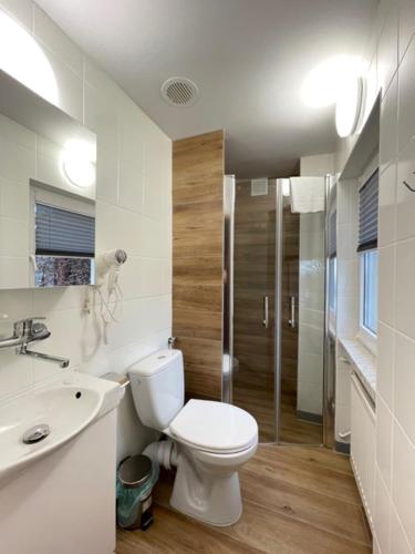 uma casa de banho branca com um WC e um chuveiro em MAGNEZJA em Karpacz
