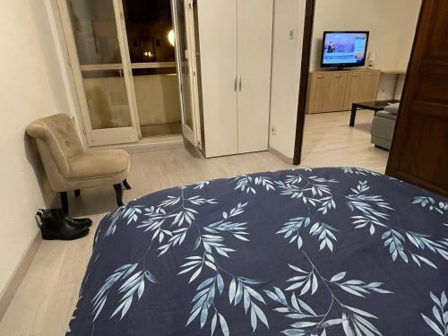 a bedroom with a bed and a chair and a television at Superbe F2 terrasse, route du vin, Florival in Guebwiller
