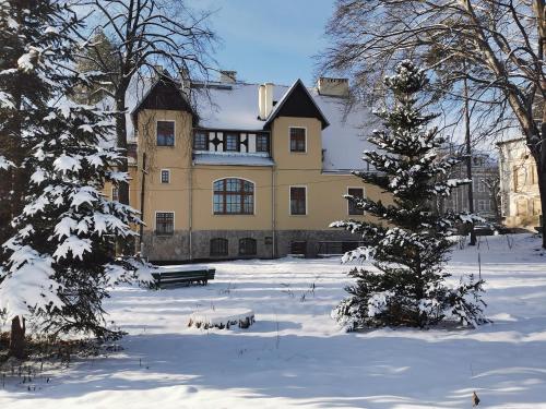 a large yellow house in the snow with a christmas tree at Sanatorium "Dąbrówka" in Szczawno-Zdrój