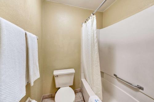 a bathroom with a white toilet and a shower at Rodeway Inn Columbus West in Columbus