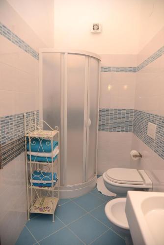 a bathroom with a shower and a toilet and a sink at Jonico Guest House in Scanzano