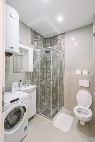 a bathroom with a washing machine and a shower at VS Studio Apartmani Banja Koviljača in Banja Koviljača