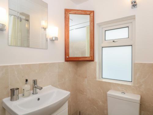 ein Badezimmer mit Waschbecken, Spiegel und Toilette in der Unterkunft George Cottage in Dartmouth