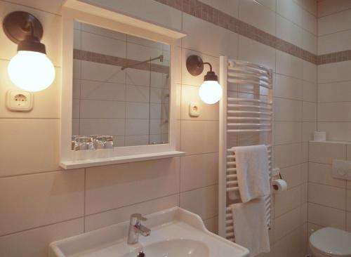 uma casa de banho com um lavatório, um espelho e um WC. em Huber Vendégház em Fertőrákos