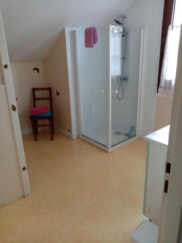 a bathroom with a shower with a glass door at Les lutins in Saffloz