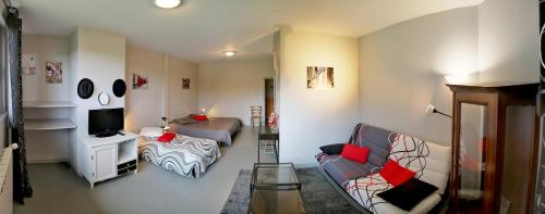 a living room with a couch and a bed at Gîte Le grand val in Lavastrie